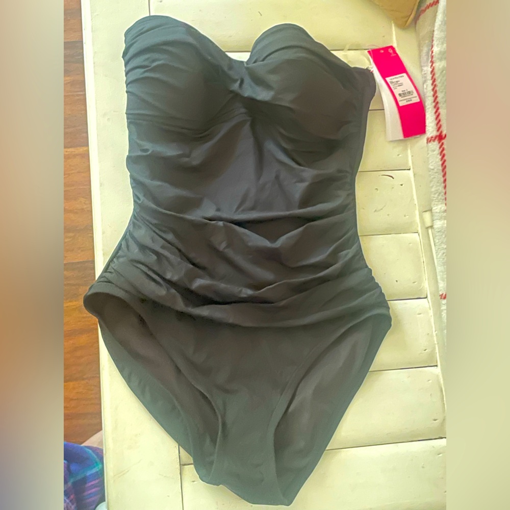 Black one piece, strapless bathing suit